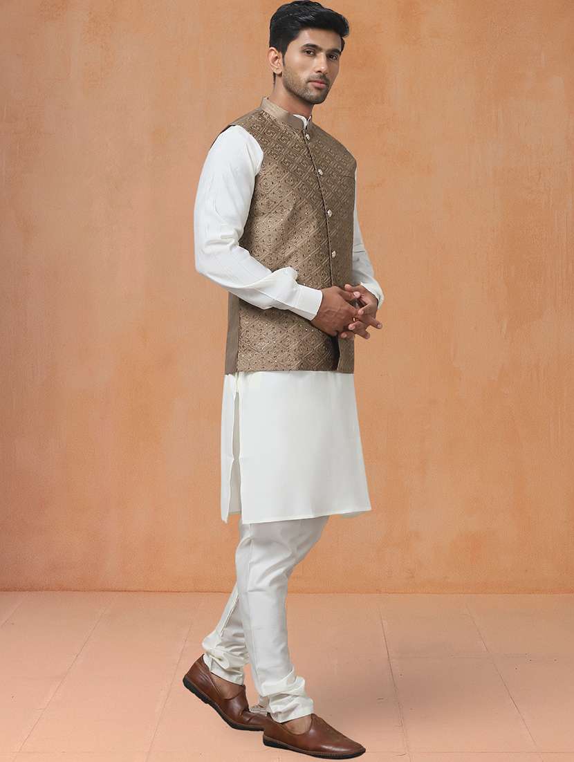 men solid mandarin neck kurta pyjama with jacket ethnic wear set - 22229863 -  Standard Image - 1
