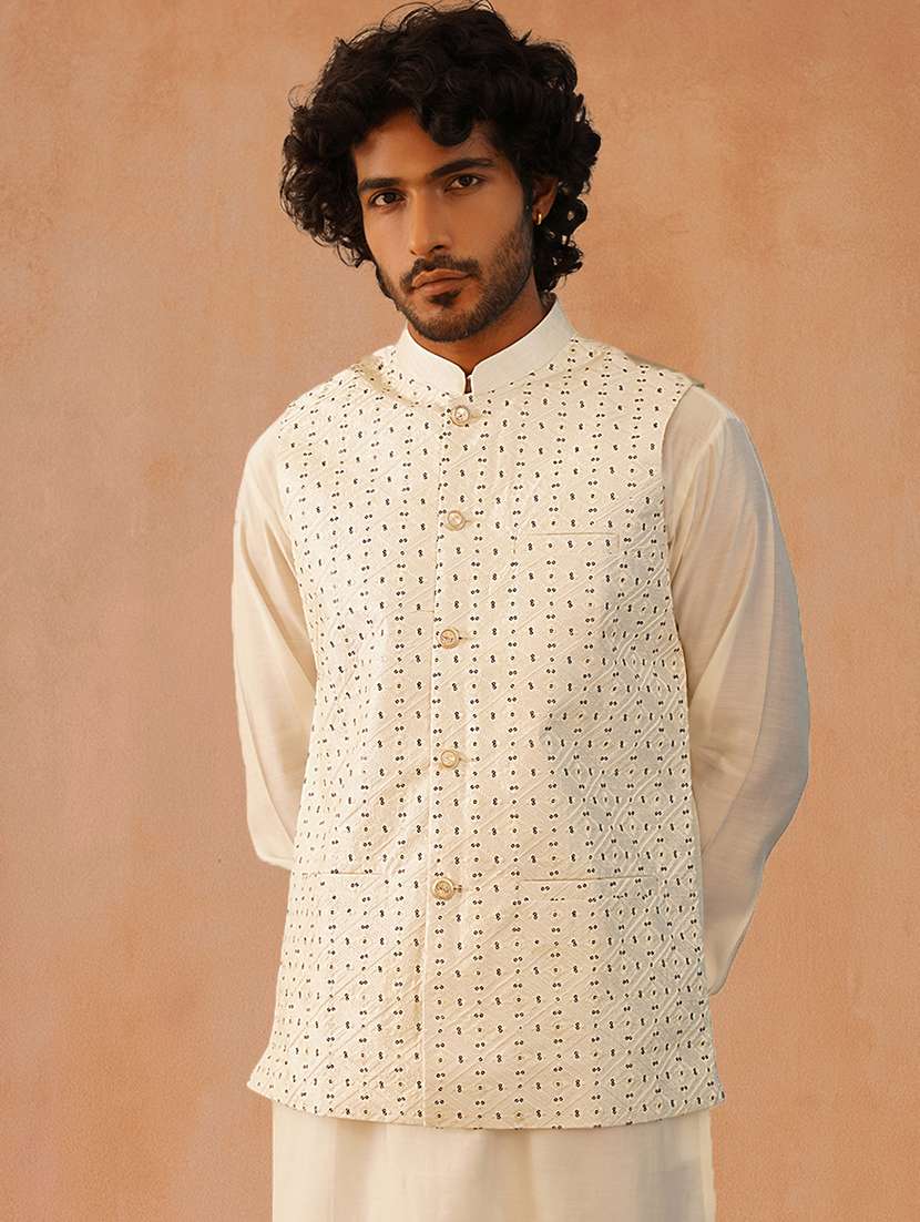 men solid mandarin neck kurta pyjama with jacket ethnic wear set - 22229864 -  Standard Image - 1