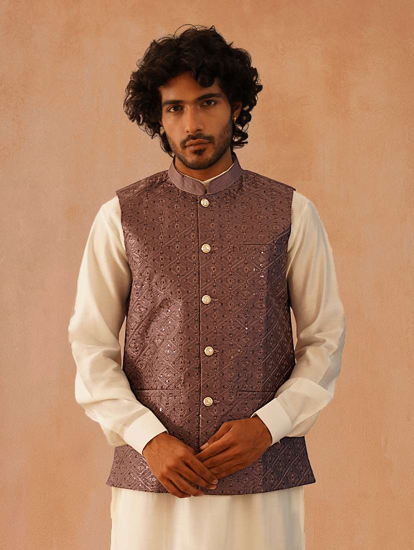 men solid mandarin neck kurta pyjama with jacket ethnic wear set - 22229865 -  Standard Image - 1