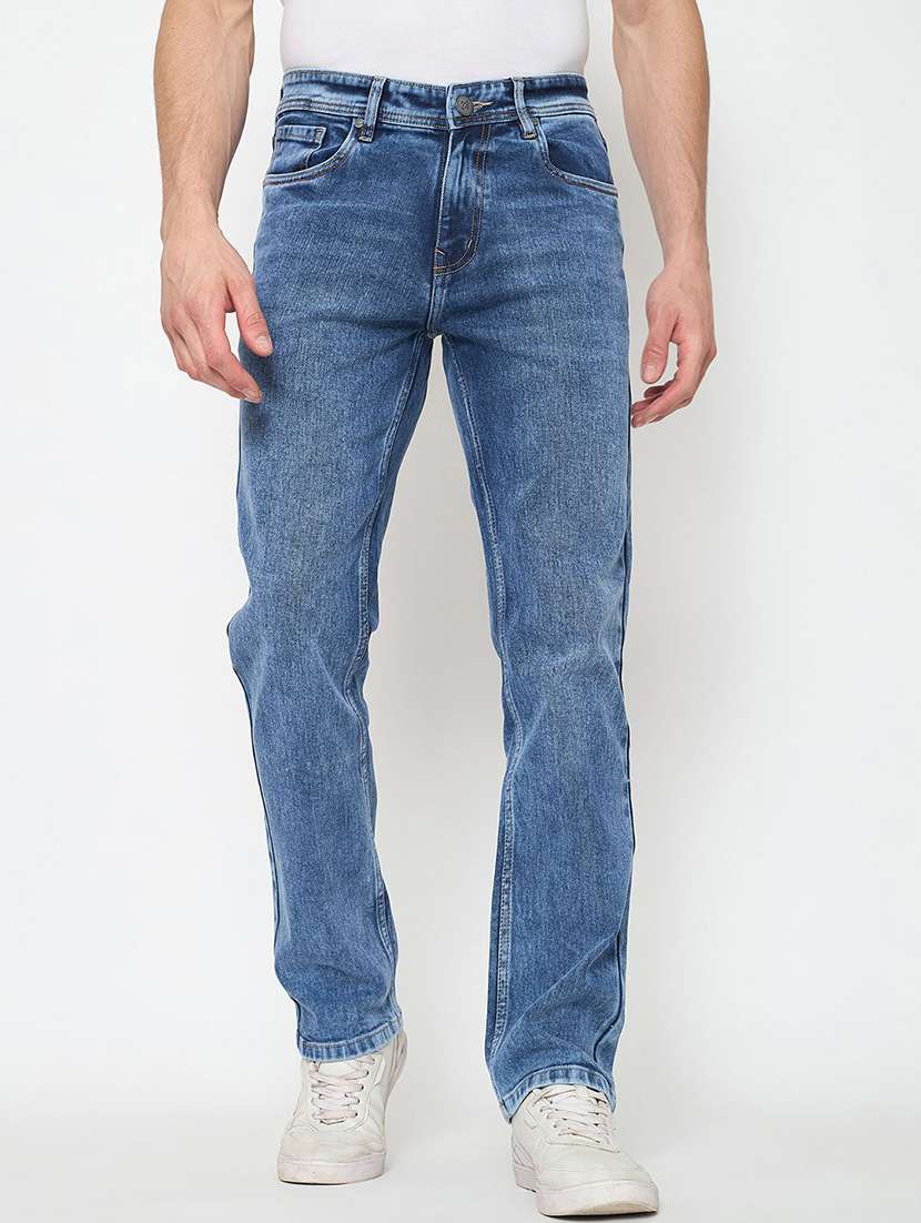 men washed mid rise straight fit jeans