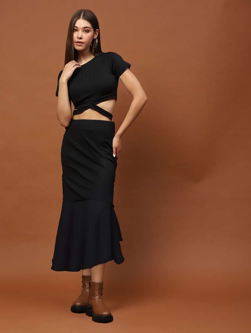 women solid high rise bodycon tiered skirt - 22230795 -  Standard Image - 1