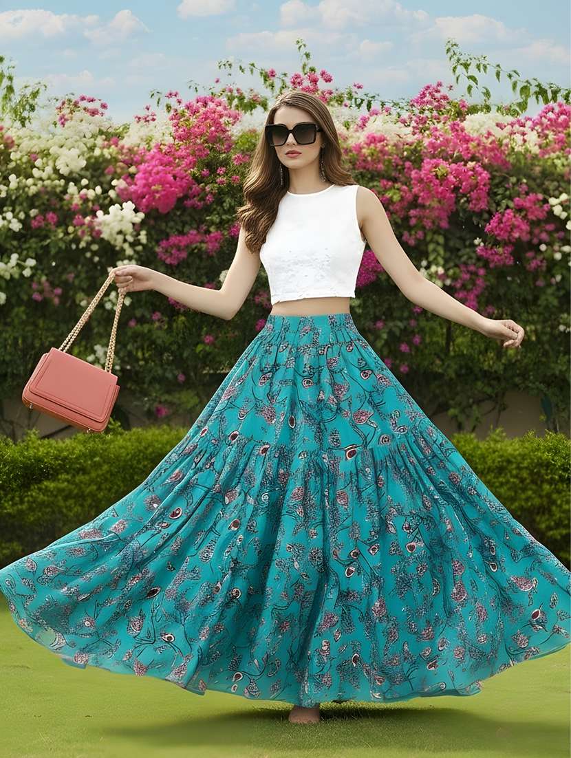women printed mid rise tiered maxi skirt - 22230798 -  Standard Image - 1