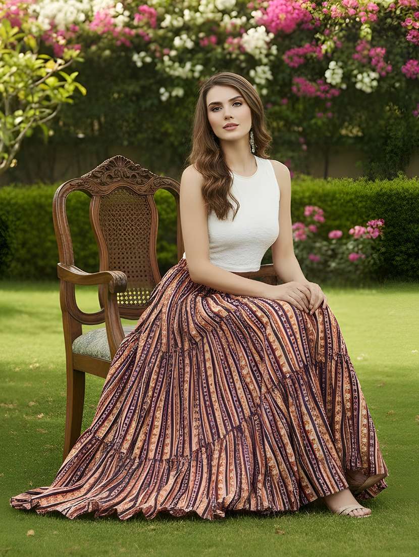 women printed mid rise tiered maxi skirt - 22230803 -  Standard Image - 1