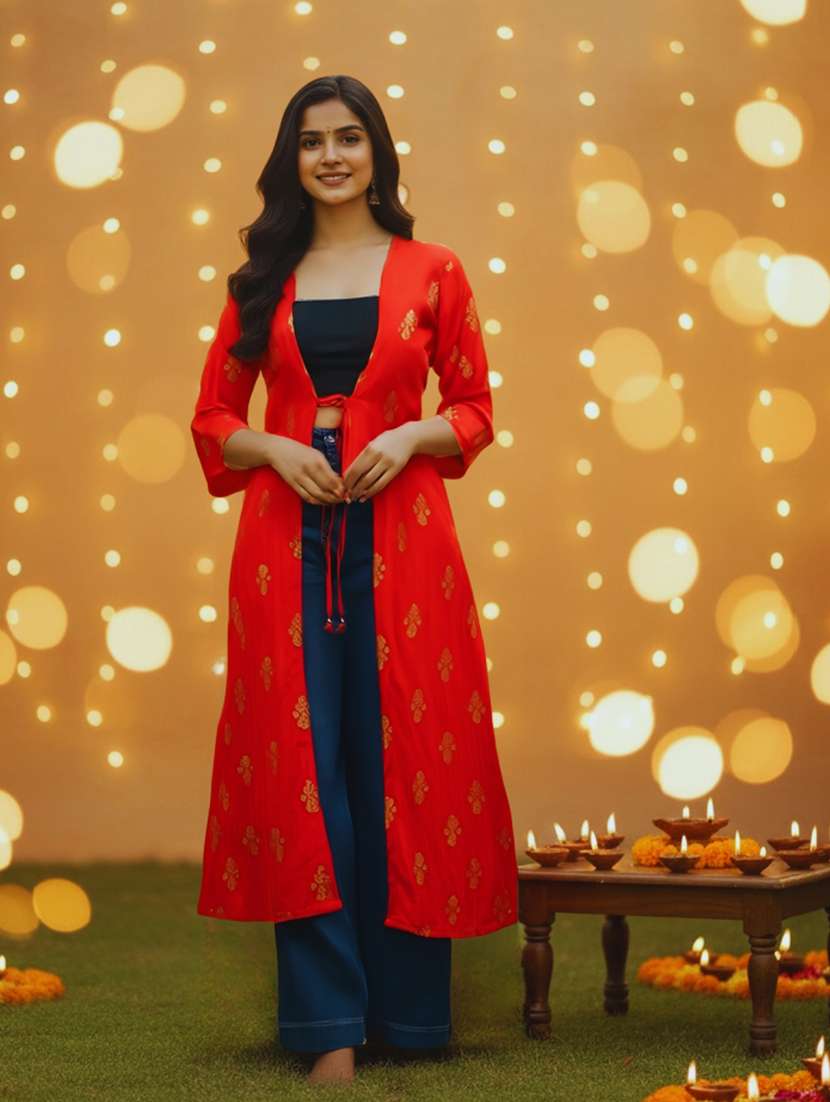 women printed three quarter sleeve long shrug - 22230816 -  Standard Image - 1