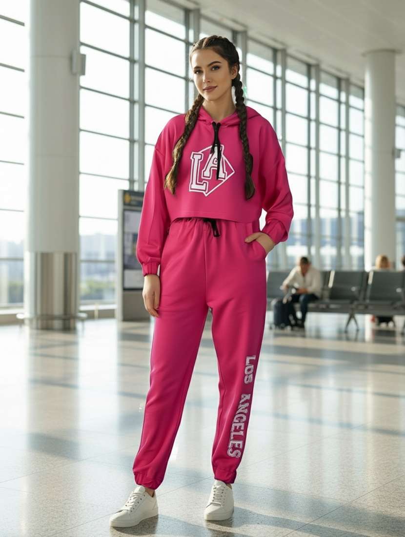 women printed hooded t-shirt & jogger co-ord set