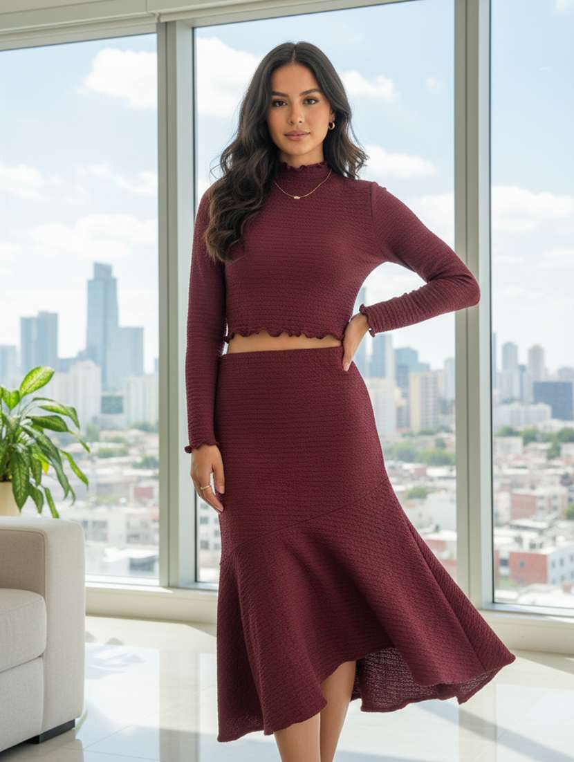 women solid top and skirt co-ord set