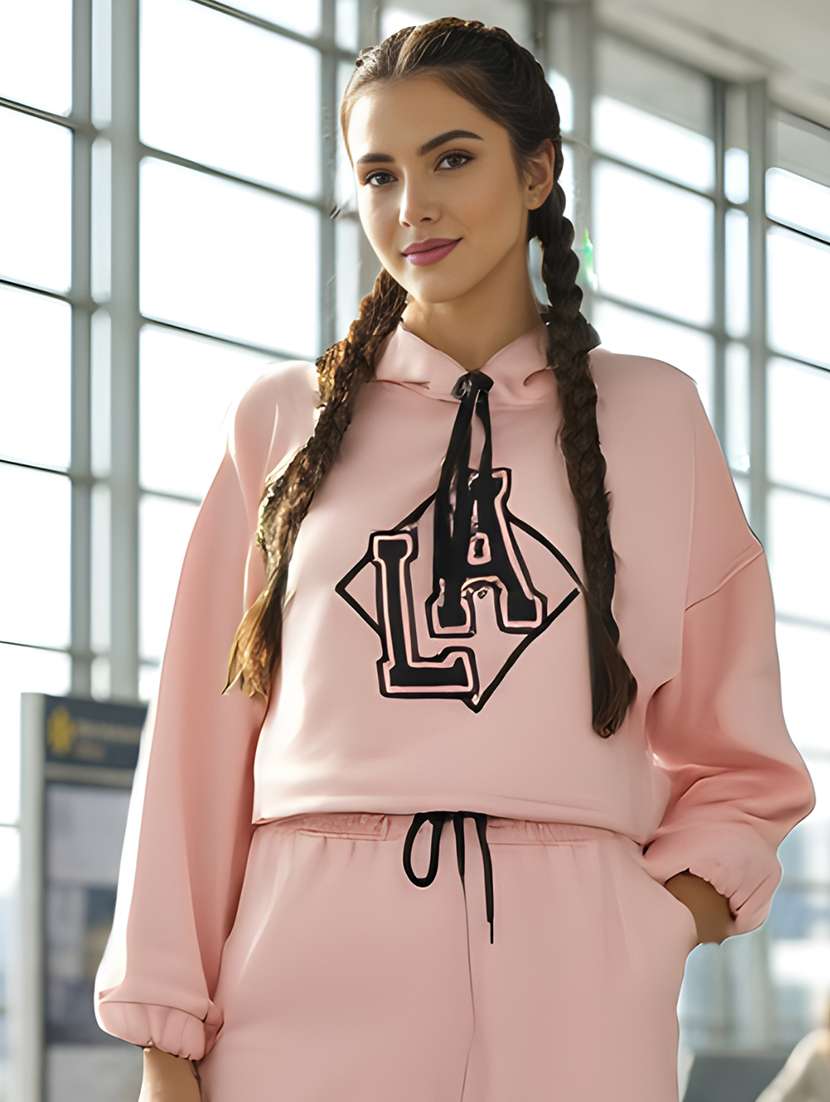 women printed long sleeve crop hooded sweatshirt