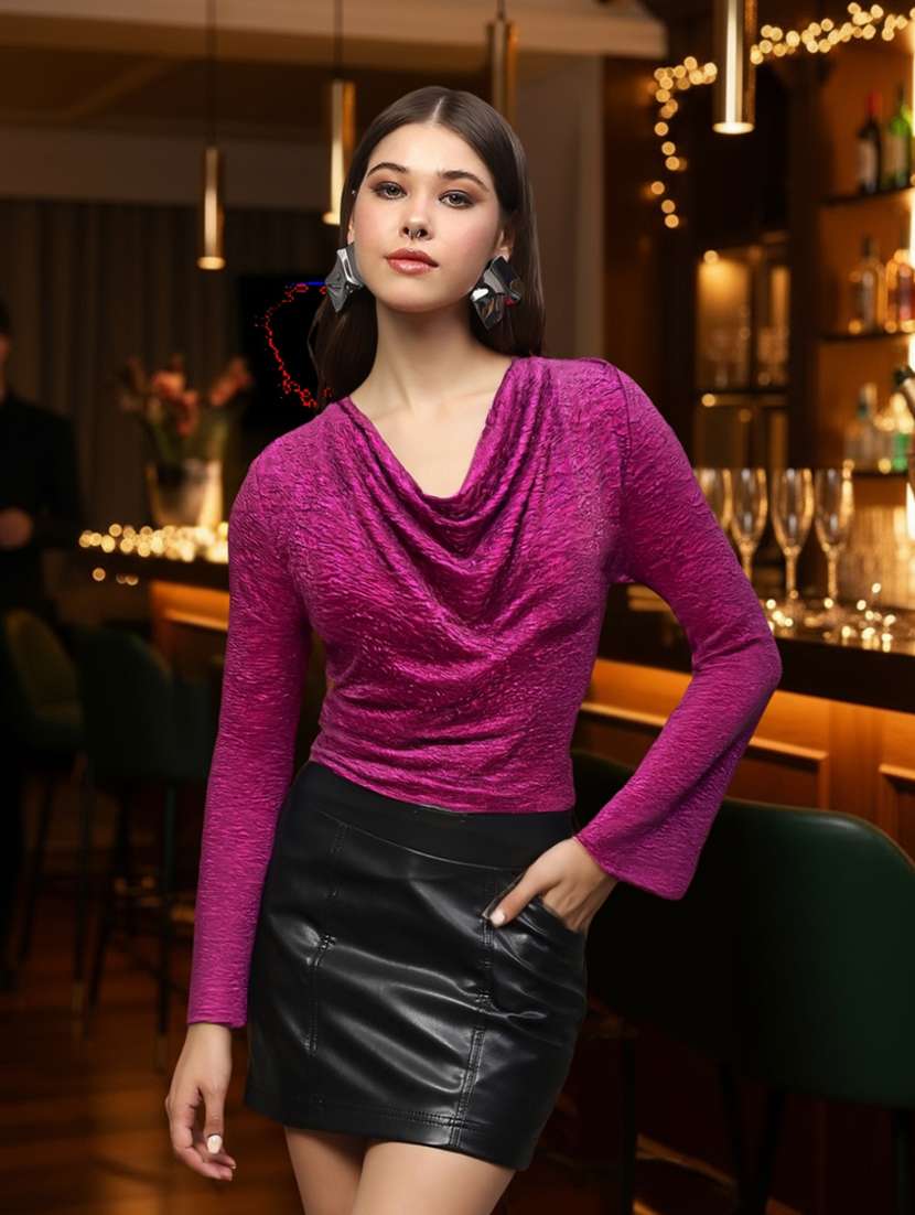 women solid cowl neck long sleeve top
