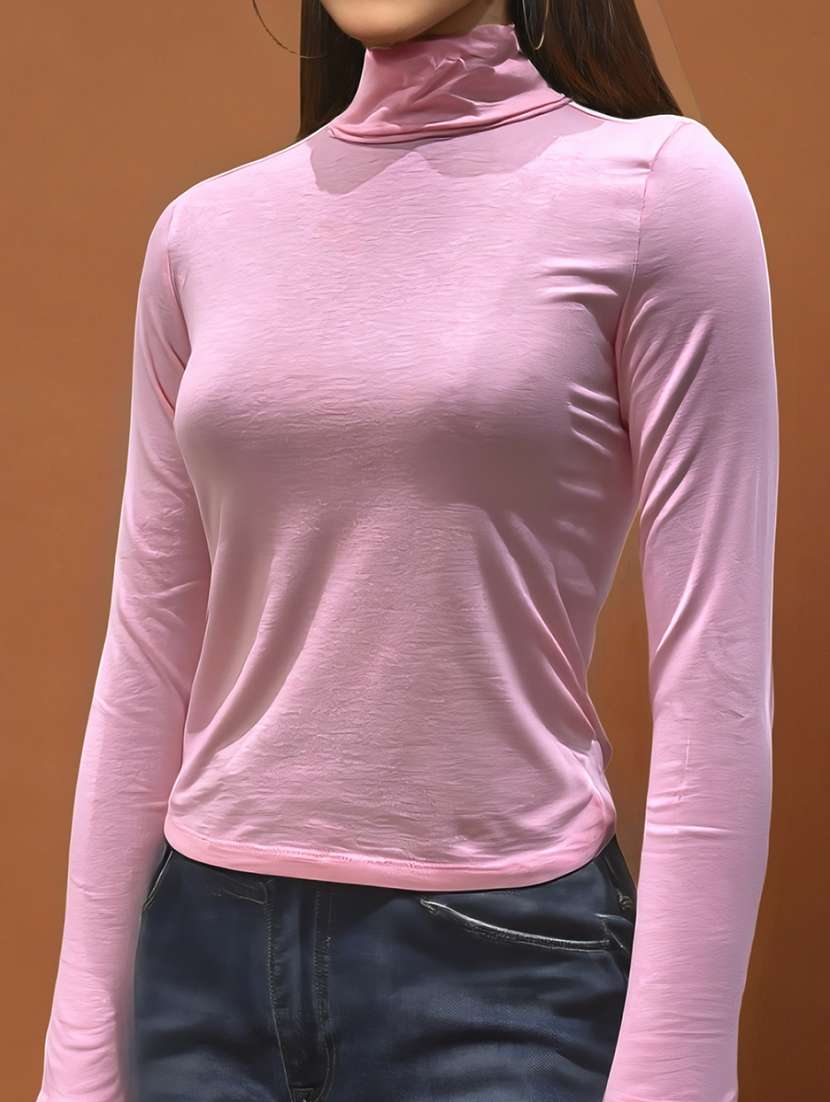 women solid high neck long sleeve top - 22231081 -  Standard Image - 4