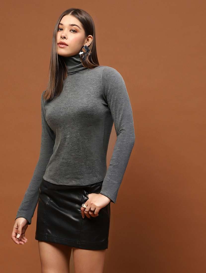 women solid high neck long sleeve top - 22231083 -  Standard Image - 1