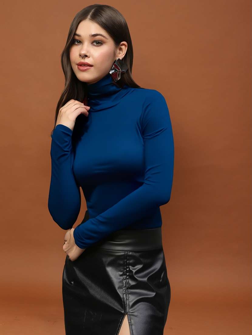 women solid high neck long sleeve top - 22231084 -  Standard Image - 1