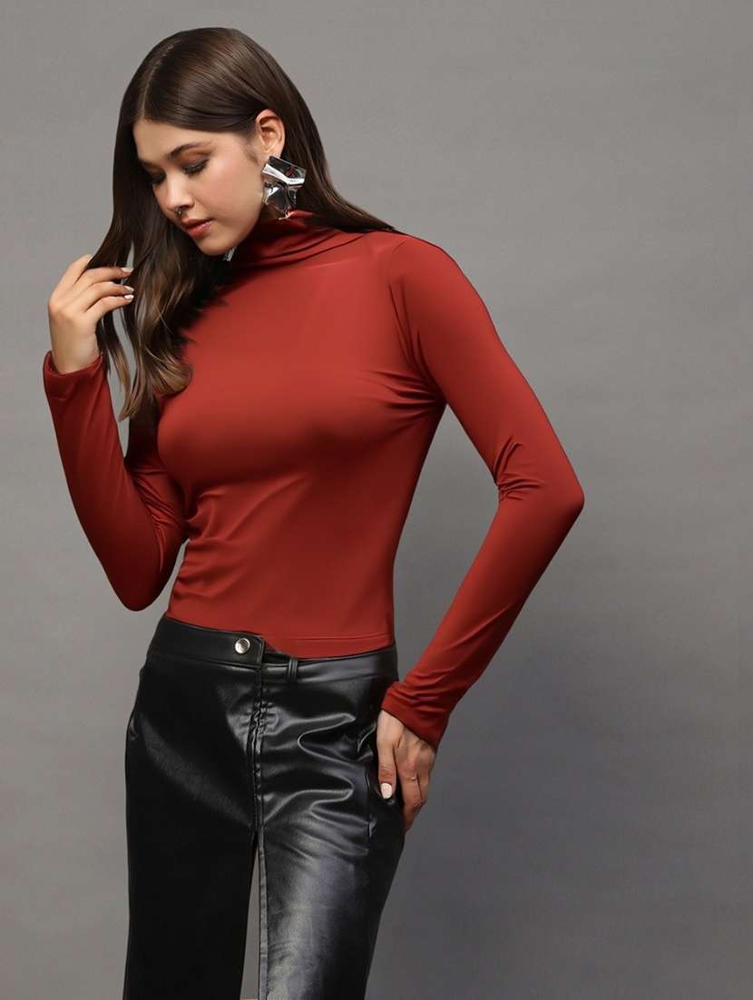 women solid high neck long sleeve top - 22231086 -  Standard Image - 1