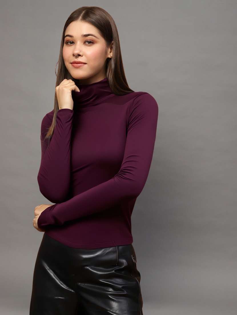 women solid high neck long sleeve top - 22231087 -  Standard Image - 1
