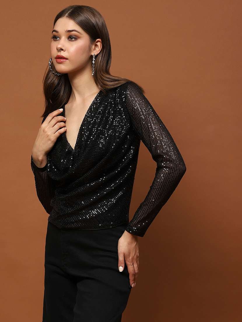 women sequined cowl neck long sleeve top - 22231094 -  Standard Image - 1