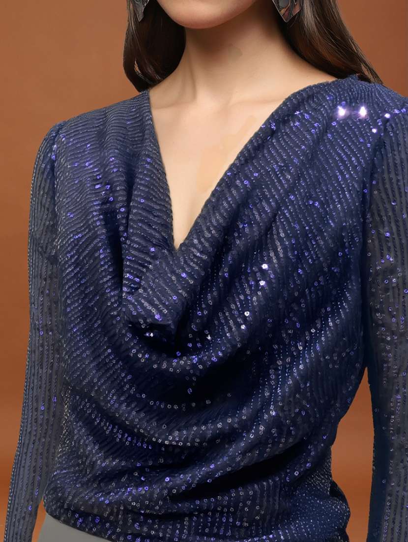 women sequined cowl neck long sleeve top - 22231095 -  Standard Image - 4