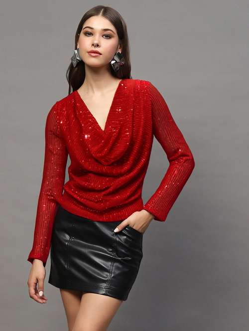 women sequined cowl neck long sleeve top - 22231096 -  Standard Image - 0