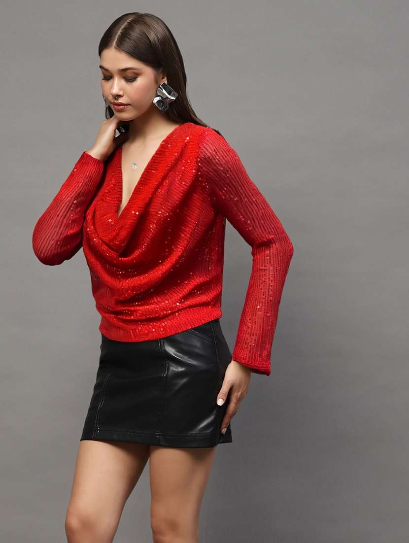 women sequined cowl neck long sleeve top - 22231096 -  Standard Image - 1