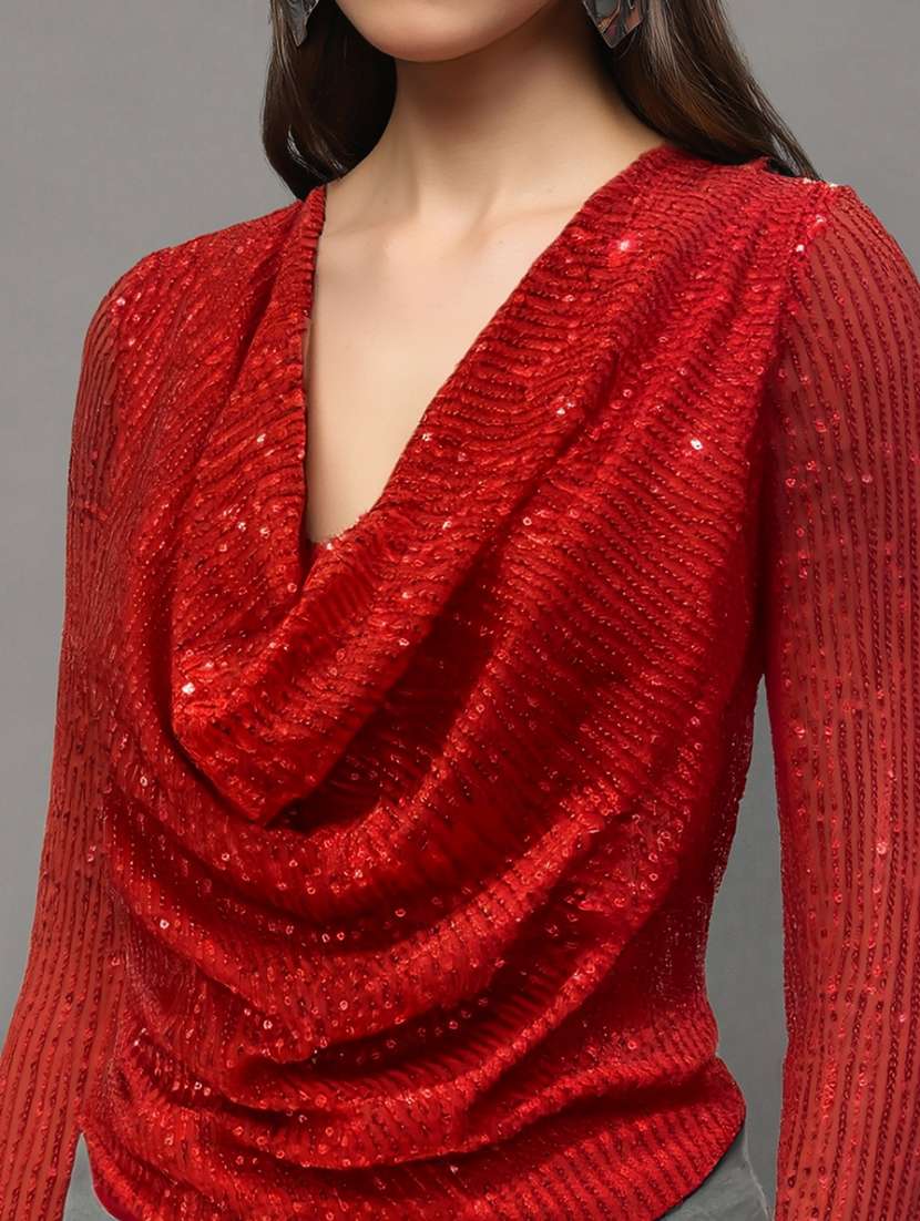 women sequined cowl neck long sleeve top - 22231096 -  Standard Image - 4