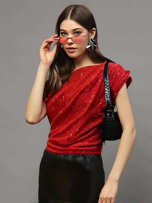 women sequined single shoulder ruched top - 22231099 -  Standard Image - 0