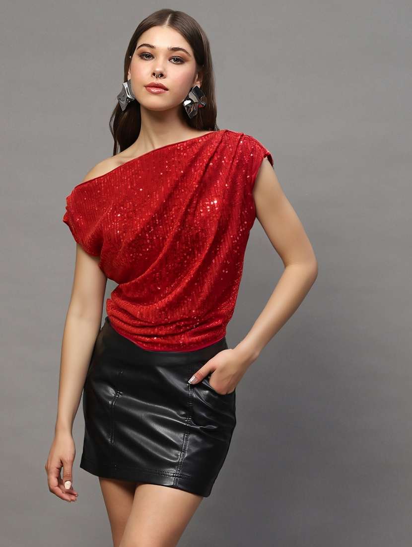 women sequined single shoulder ruched top - 22231099 -  Standard Image - 1