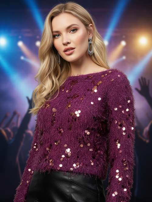 women sequined long sleeve straight top - 22231111 -  Standard Image - 0