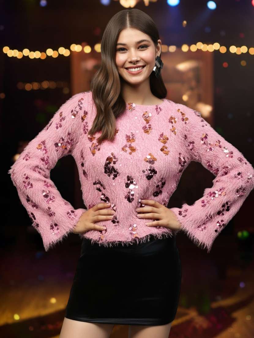 women sequined bell sleeve straight top - 22231112 -  Standard Image - 1