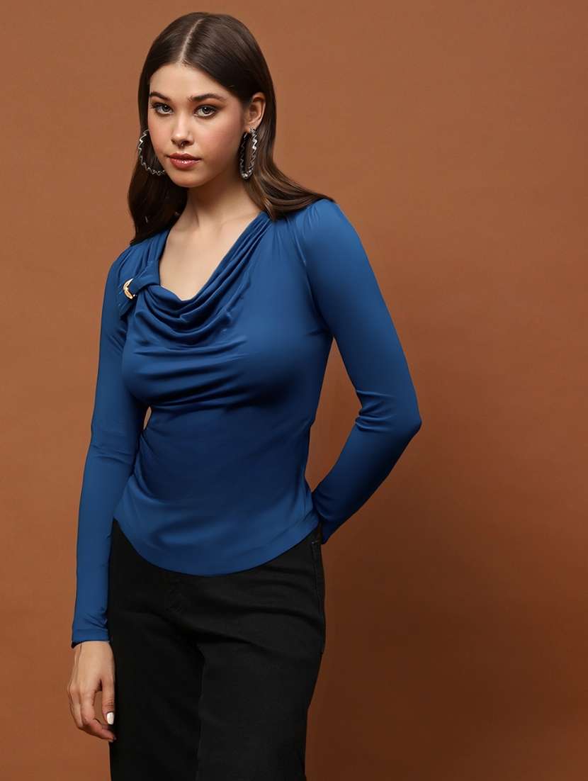 women solid cowl neck long sleeve top