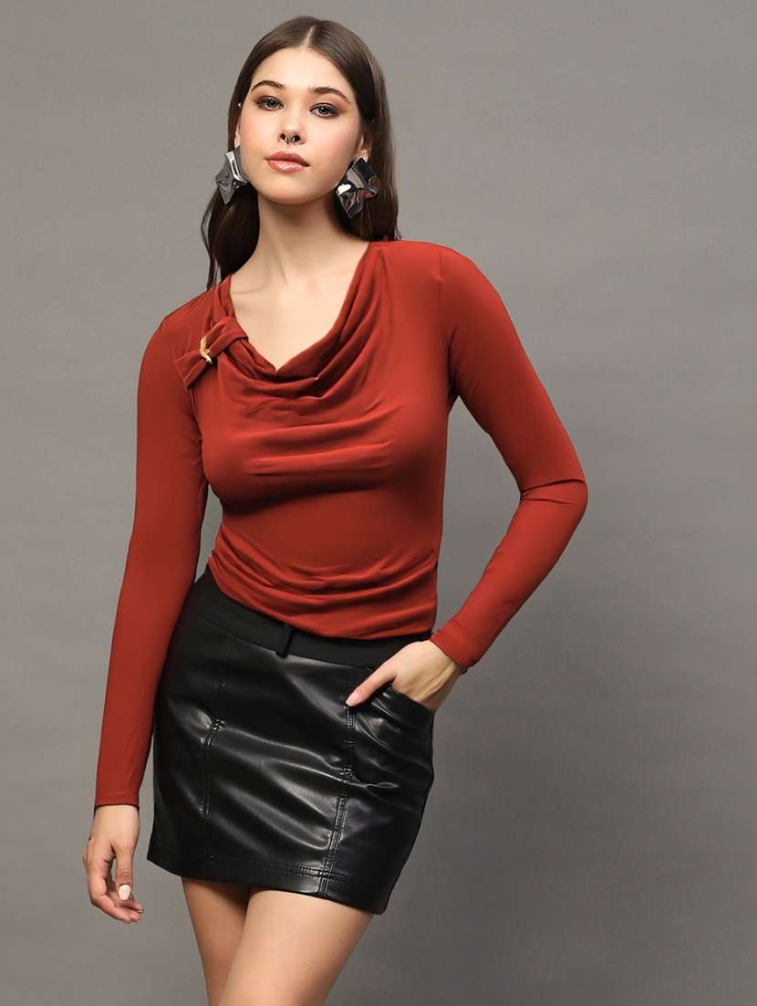 women solid cowl neck long sleeve top