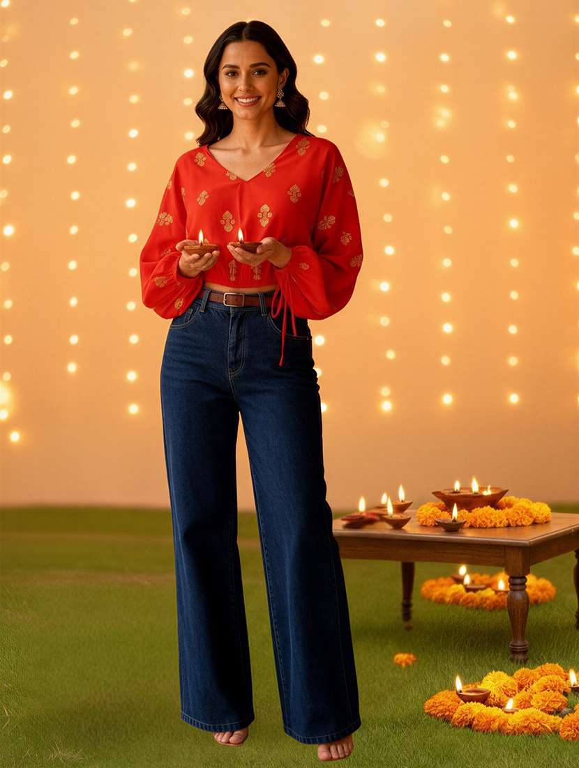 women foil print long sleeve crop top - 22231117 -  Standard Image - 1