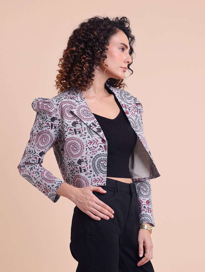women printed puff sleeve crop ethnic acket - 22231138 -  Standard Image - 1