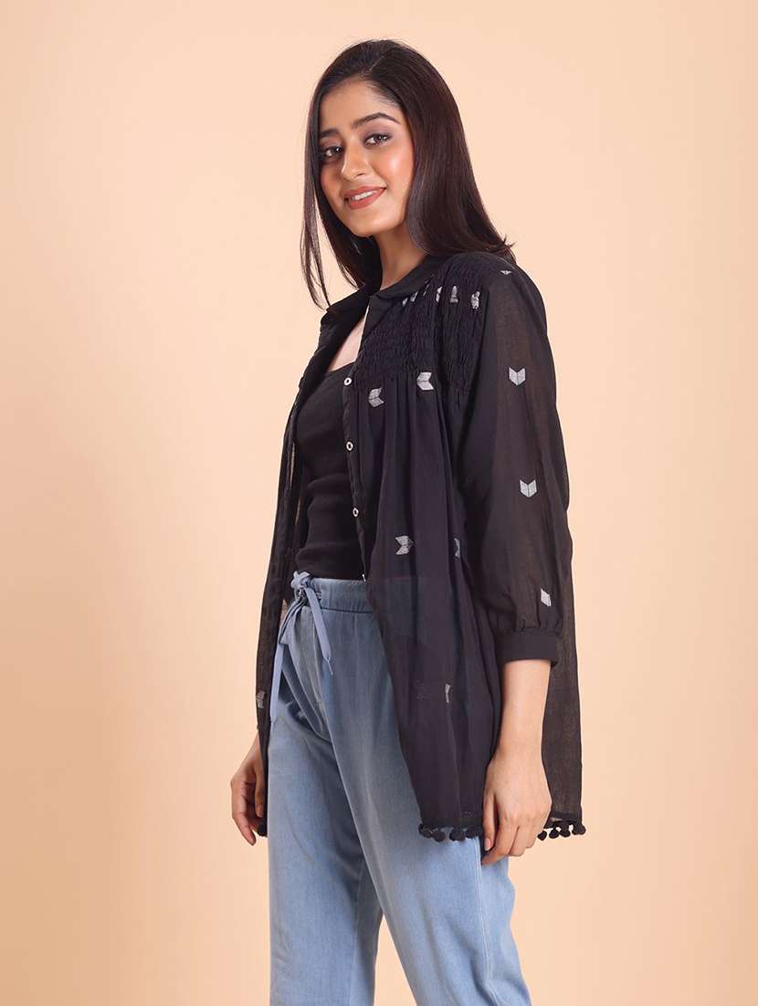 women self design three quarter sleeve relaxed fit shirt - 22231255 -  Standard Image - 1