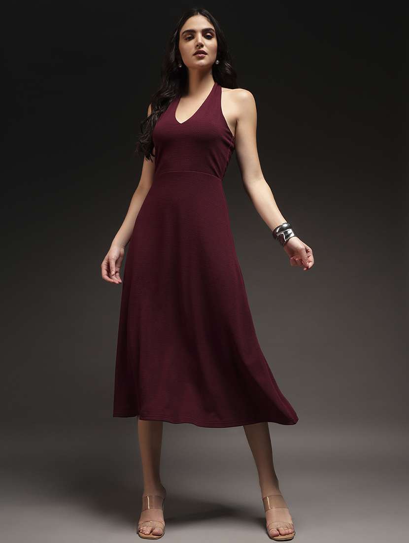 women solid halter neck fit and flare dress