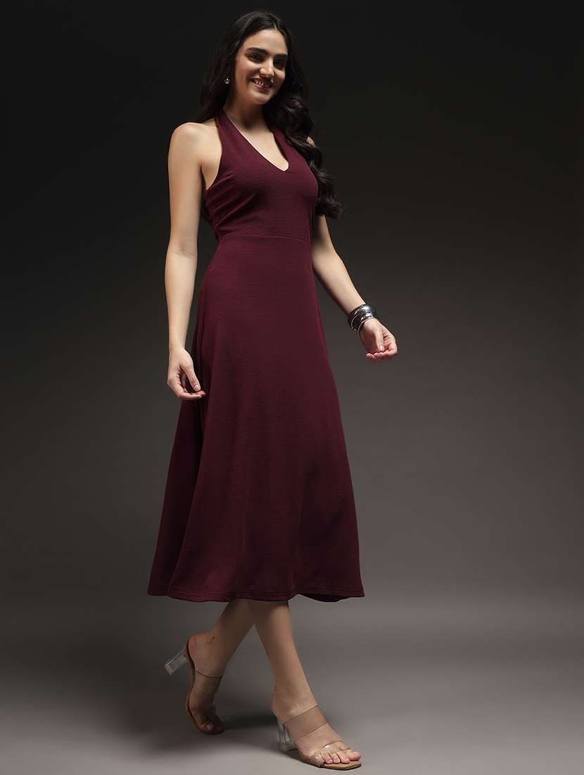 Women Solid Halter Neck Fit And Flare Dress - 22231268 -  Standard Image - 1