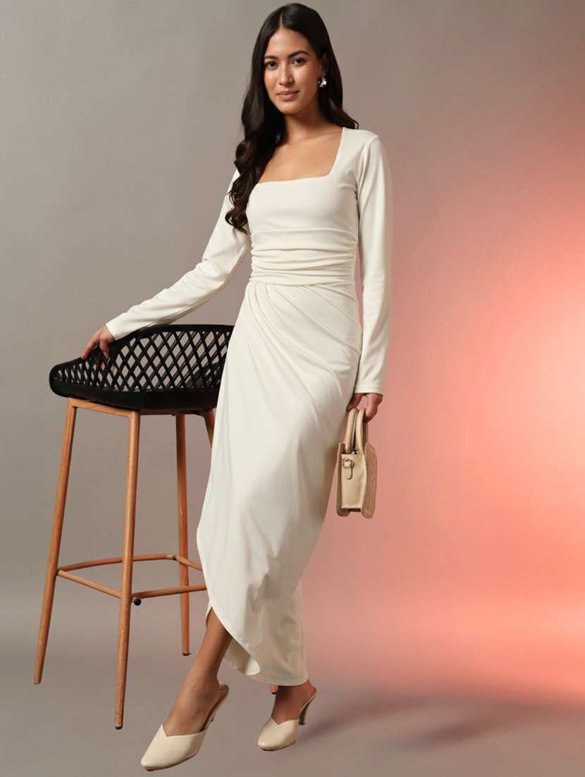 women solid square neck wrap dress