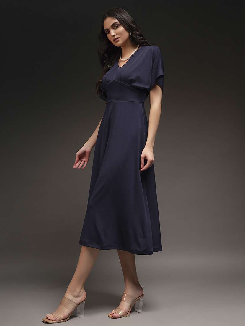women solid v neck fit and flare dress - 22231276 -  Standard Image - 1