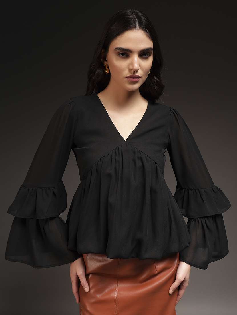 women solid v neck peplum top