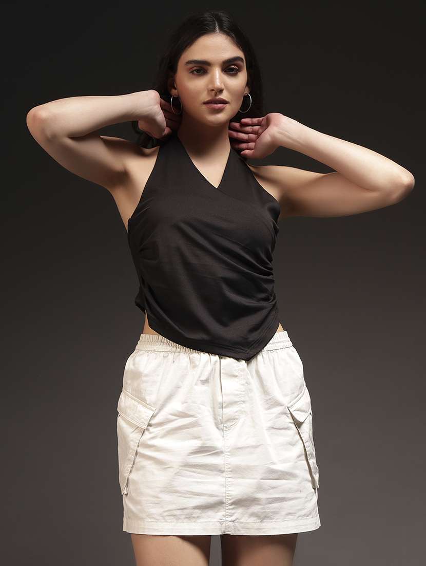 women solid halter neck wrap top