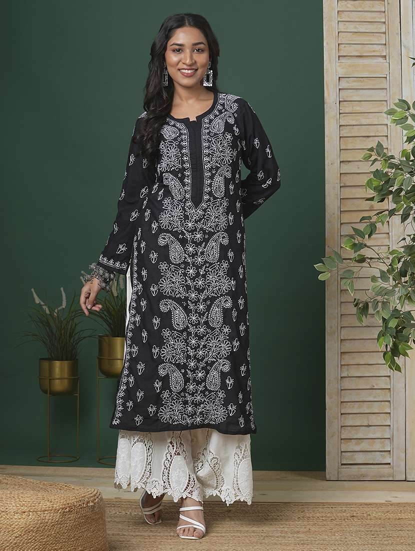 women solid with work long sleeve straight chikankari kurta - 22231307 -  Standard Image - 1