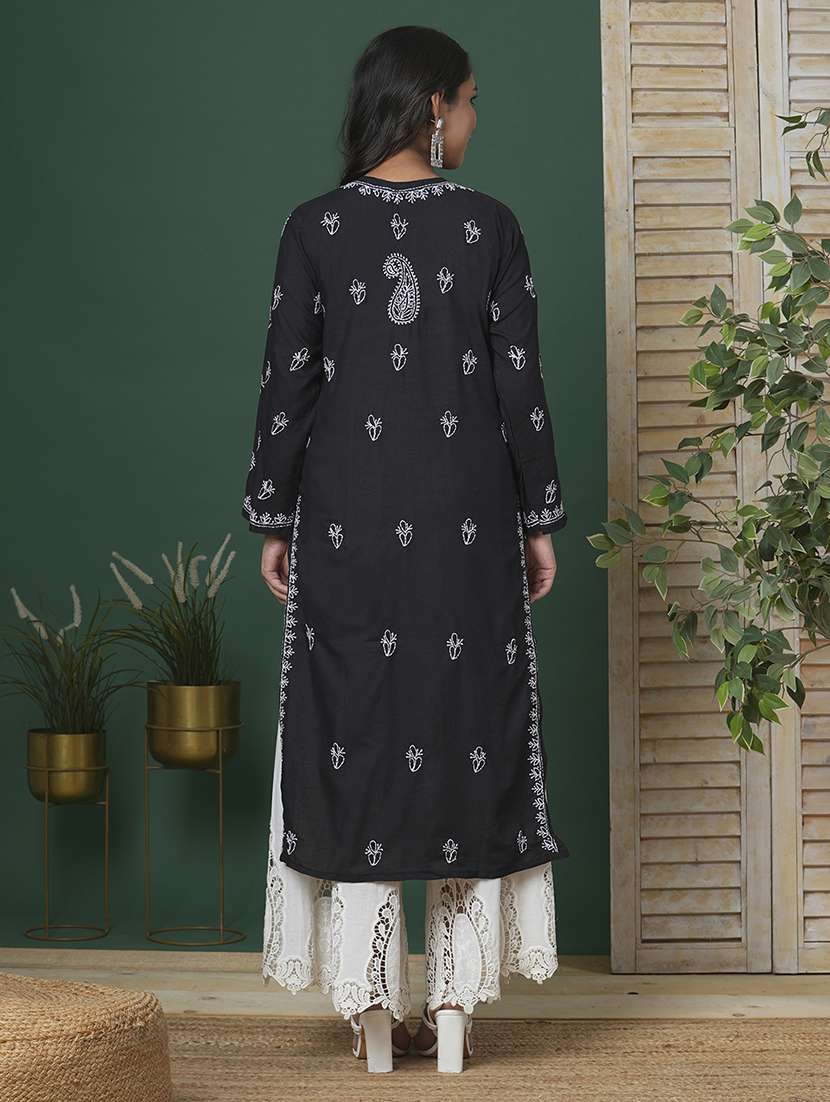 women solid with work long sleeve straight chikankari kurta - 22231307 -  Standard Image - 4