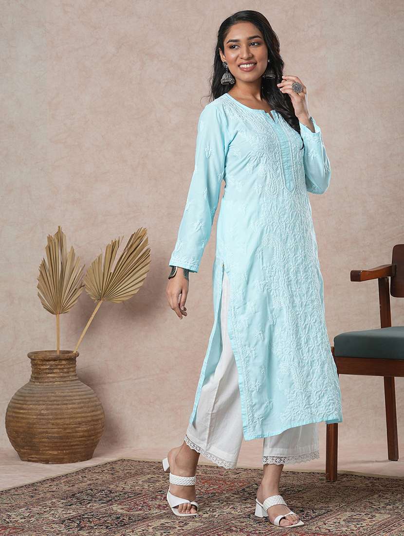 women solid with work long sleeve straight chikankari kurta - 22231313 -  Standard Image - 1