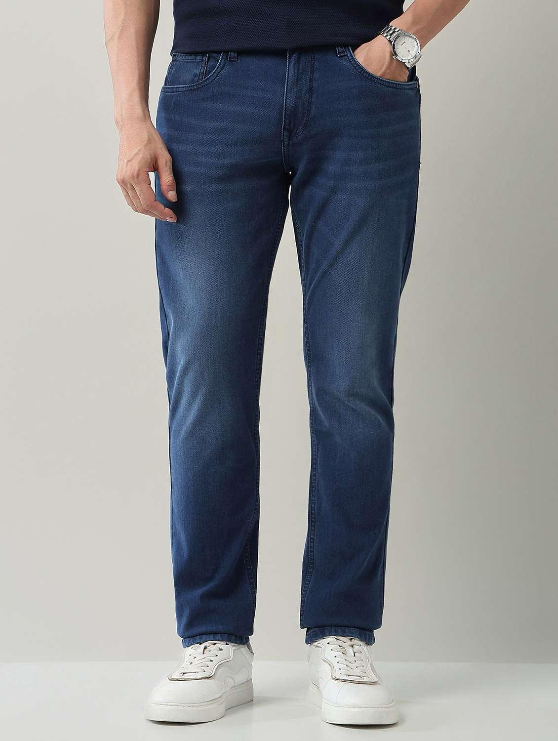 men washed high rise full length jeans