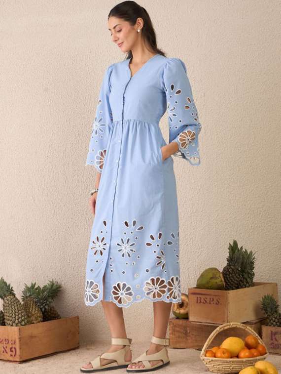 women solid puff sleeve schiffli shirt dress - 22231463 -  Standard Image - 1