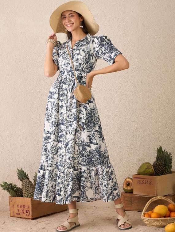 women printed puff sleeve collared tiered dress - 22231464 -  Standard Image - 1