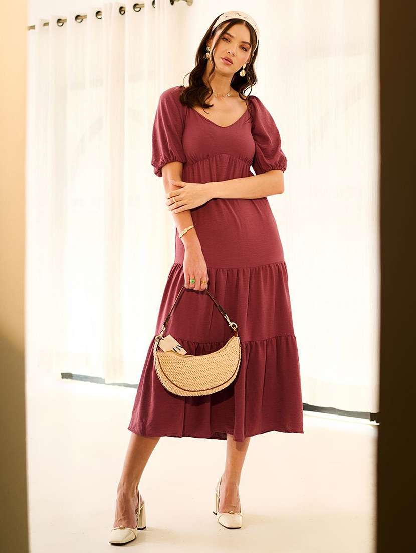 women solid puff sleeve tiered dress - 22231466 -  Standard Image - 1
