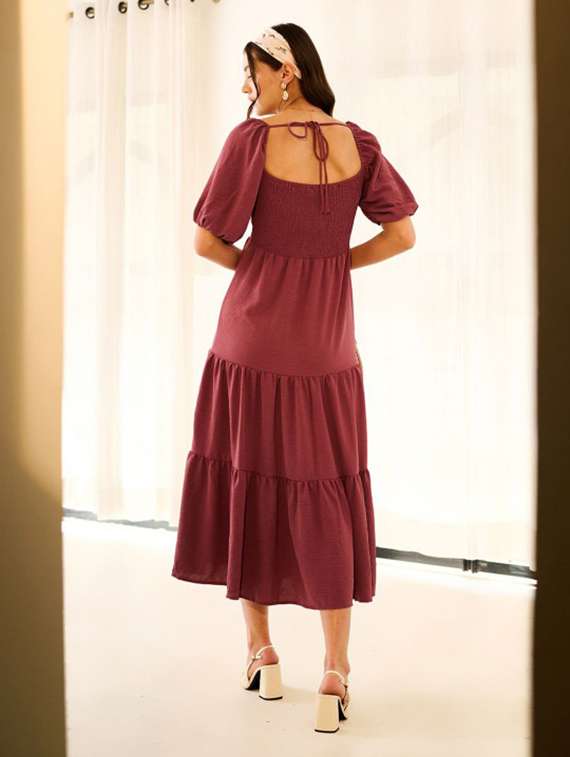 women solid puff sleeve tiered dress - 22231466 -  Standard Image - 4