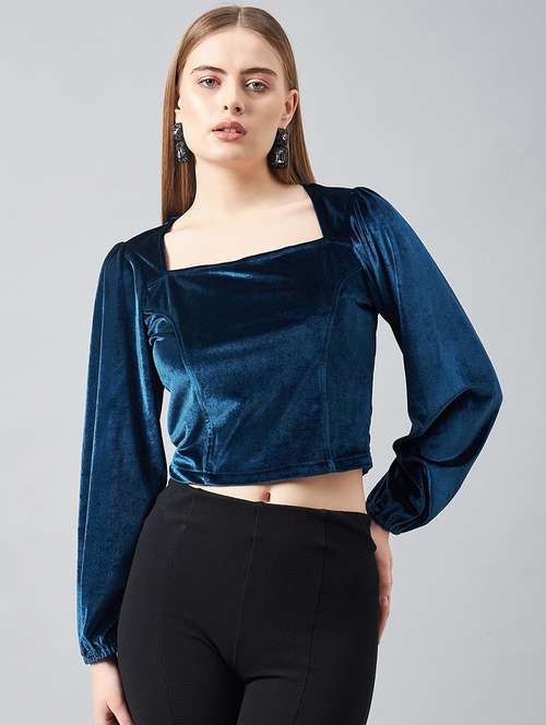 women solid puff sleeve velvet crop top - 22231475 -  Standard Image - 0
