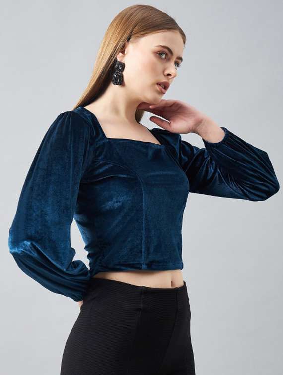 women solid puff sleeve velvet crop top - 22231475 -  Standard Image - 1