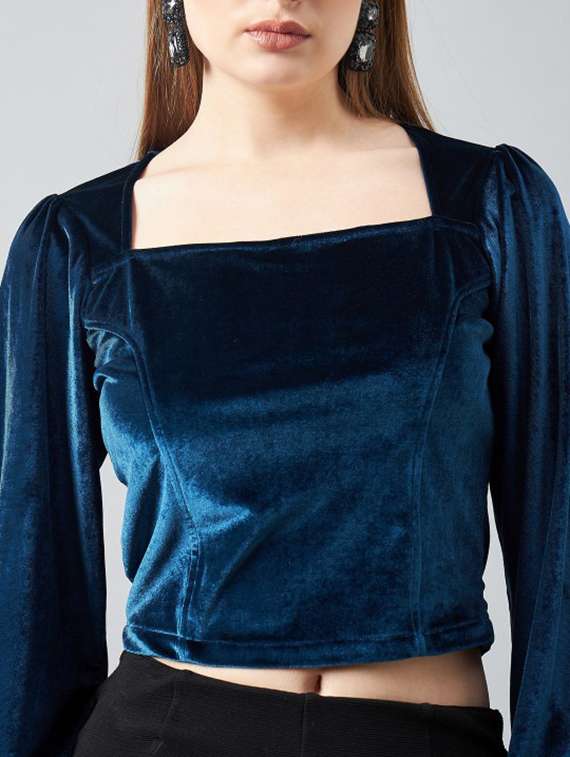 women solid puff sleeve velvet crop top - 22231475 -  Standard Image - 6
