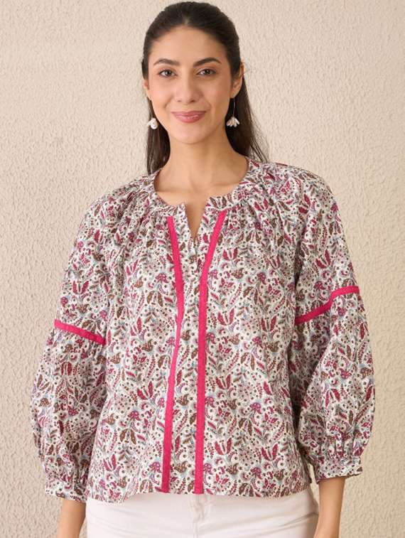 women printed puff sleeve a-line top - 22231477 -  Standard Image - 1