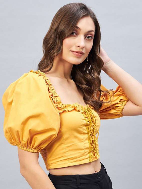 women solid puff sleeve crop top - 22231480 -  Standard Image - 1